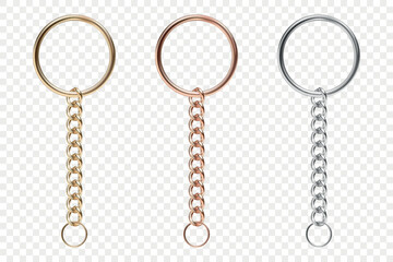 Vector 3d Realistic Lobster Clasp Keychain Set with Chain. Gold, Bronze and Silver Keychain Hook for Jewelry Making, DIY Craft, Bag Accessories, Key Holder Clip, Purse Hardware, Accessory Design