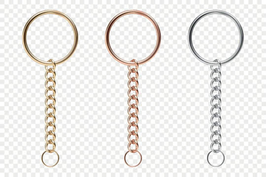 Vector 3d Realistic Lobster Clasp Keychain Set with Chain. Gold, Bronze and Silver Keychain Hook for Jewelry Making, DIY Craft, Bag Accessories, Key Holder Clip, Purse Hardware, Accessory Design