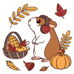 Cute SVG of a Funny Guinea pig in Harvest Blessings colors, featuring wearing headphones in a Thanksgiving setting