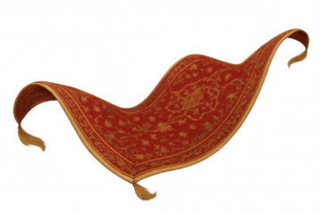 Red oriental flying carpet adorned with intricate golden decorations and elegant tassels, featuring a transparent background for versatile use