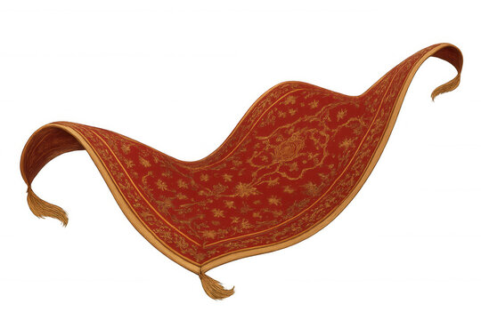 Red oriental flying carpet adorned with intricate golden decorations and elegant tassels, featuring a transparent background for versatile use
