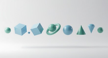An arrangement of various 3D geometric shapes, including spheres, cubes, a planet with rings, a cone, and a diamond, in pastel blue and green hues, floating ...