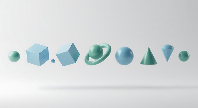 An arrangement of various 3D geometric shapes, including spheres, cubes, a planet with rings, a cone, and a diamond, in pastel blue and green hues, floating ...
