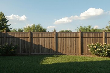 Backyard wooden fence sunny day landscaping design