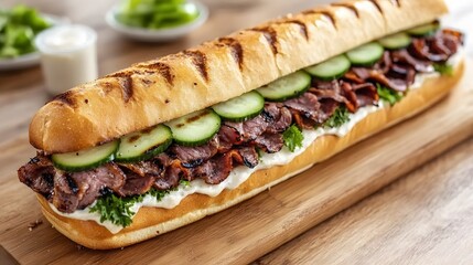 Delicious Grilled Steak Sub Sandwich on Wooden Board