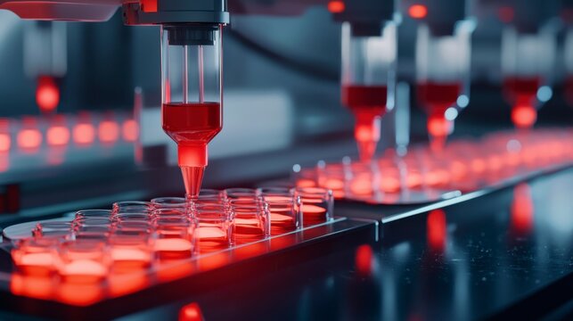A laboratory scene featuring automated pipetting of red liquid into petri dishes, showcasing advanced scientific equipment and technology.
