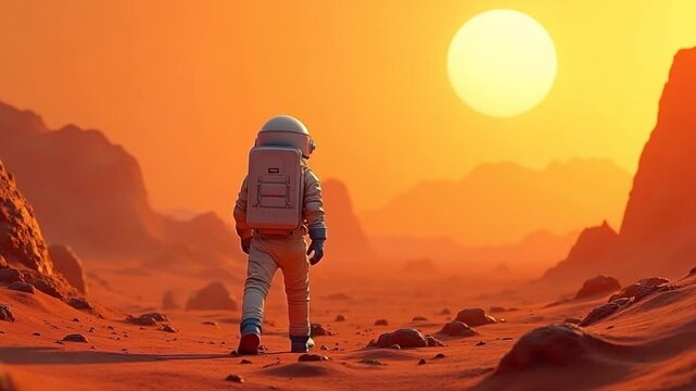 3d rendering. Astronaut walks on Mars red desert landscape. Space exploration mission concept with rocky terrain and mountains under orange sky atmosphere.