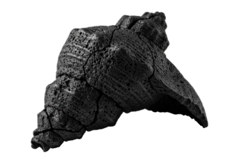 A colossal, rugged gastropod shell of deep black volcanic rock with a fractured edge, isolated on a transparent background with an angular shadow and copy space, concept of ancient geological power