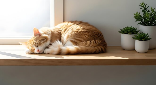 Orange and White Cat Napping on Windowsill.