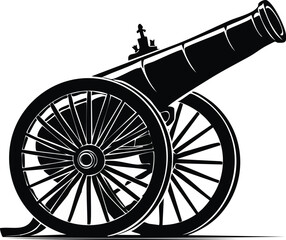 Fototapeta premium Black silhouette of a historical cannon with large spoked wheels artillery weapon