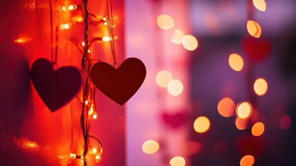 Romantic decorations with heart shapes and warm glowing lights