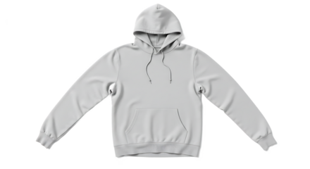 Blank Light Grey Hoodie Front View with Drawstrings and Pouch Pocket, Isolated Apparel Mockup, Transparent Background