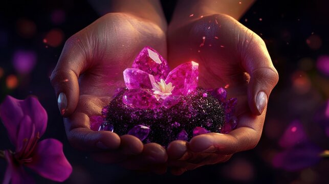 A pair of hands holds a cluster of sparkling pink crystals, surrounded by dark glitter and purple flowers, creating a mystical and enchanting atmosphere.