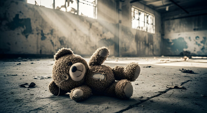 Abandoned Teddy Bear on Dirty Floor in Derelict Room