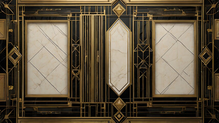 Opulent Art Deco inspired wall design featuring luxurious gold and black geometric patterns with elegant marble-textured panels, creating a sophisticated vintage aesthetic