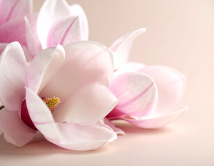 Fototapeta premium beautiful close-up photograph features two delicate pink magnolia flowers with soft, curving petals and prominent stamens. beige background