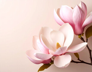 Obraz premium beautiful close-up photograph features two delicate pink magnolia flowers with soft, curving petals and prominent stamens. beige background
