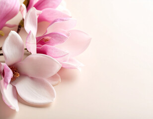 beautiful close-up photograph features two delicate pink magnolia flowers with soft, curving petals and prominent stamens. beige background