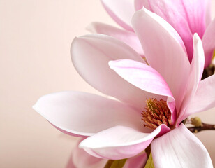 Obraz premium beautiful close-up photograph features two delicate pink magnolia flowers with soft, curving petals and prominent stamens. beige background