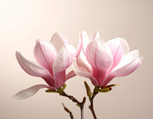 beautiful close-up photograph features two delicate pink magnolia flowers with soft, curving petals and prominent stamens. beige background