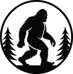 Fototapeta premium Silhouette Sasquatch in Forest Circle Emblem Outdoor Adventure Bigfoot Legend Cryptozoology Creature Mystery Wilderness Exploration