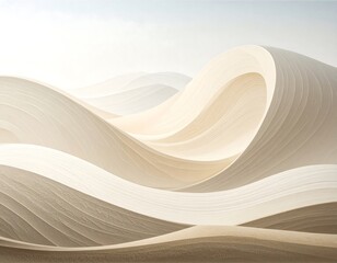 A serene landscape of flowing, layered dunes in soft, warm beige and white tones.