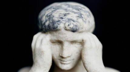 This stone bust captures a figure in a state of anxious thought. With eyes closed and hands pressed over ears against a dark backdrop, it conveys worry, deep introspection, and a retreat into silence.