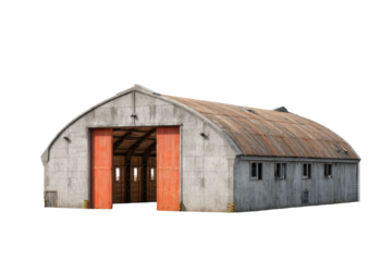 Aged Aircraft Hangar with Open Doors on Transparent Background