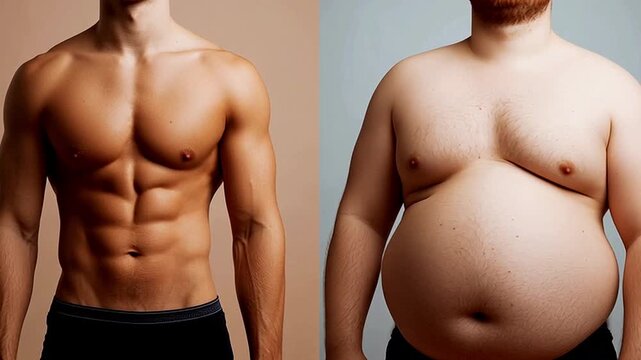 Dramatic Visual Contrast Between a Lean Muscular Male Torso and an Overweight Obese Mans Body, Highlighting Weight Loss