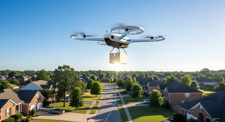 Advanced autonomous drone delivery system transporting package over suburban neighborhood on a clear sunny day with sun flare symbolizing future logistics and innovation in aerial transport