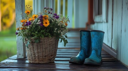 Vibrant Flower Basket and Blue Rubber Boots on a Rustic Porch