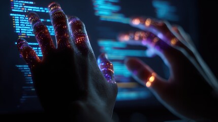 AI-generated code overlay on developer hands, soft glow screens, modern tech documentary style 