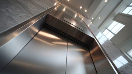Obraz premium Elevator view in modern building lobby showcasing sleek design and natural lighting during daytime
