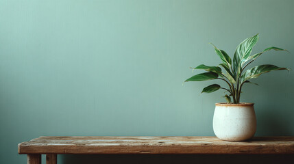 A potted plant sits on a wooden bench against a solid green background wall