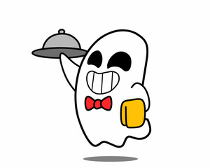 White ghost with face expressions. Spooky cartoon illustration for halloween night. Cartoon character in different emotions and activities. Simple flat character design for mascot, sticker, icon