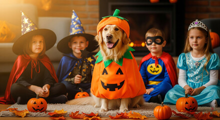 Golden retriever dog in pumpkin costume with children dressed up for Halloween, soft warm light