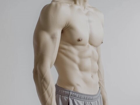 Muscular Mans Torso Displaying Prominent Six-pack Abs, Strong Pectorals, and Toned Arms, Highlighting Peak Physical Fitness and Strength.