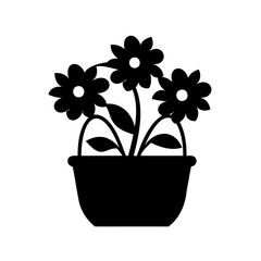 Black and white vector image of a flower pot with three flowers