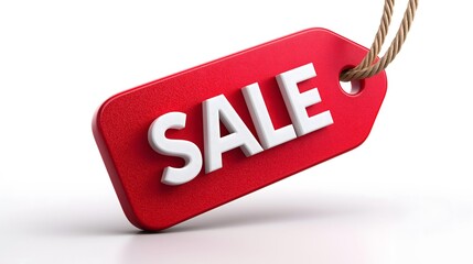 Bright red sale tag with bold white letters hanging from a twine, symbolizing discounts and promotions in retail, ideal for advertising and marketing purposes