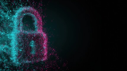 Data privacy lock icon made of particles, dark backdrop, teal and magenta rim lights, tech poster style 