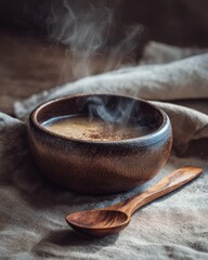 Healthy autumn soup bowl, steam, rustic ceramics, wooden spoon, linen texture, warm side light 