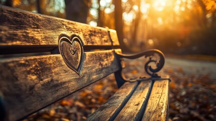Romantic Wooden Bench with Heart Carving in Autumn Park Setting