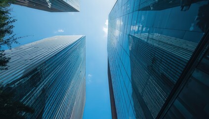 Obraz na płótnie Canvas Modern architecture of skyscrapers in the city with glass and steel facade reflecting the blue sky, urban landscape and business district view