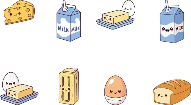 Cute breakfast food characters, cheese, milk, butter, egg, bread, kawaii style, cartoon vector, dairy ingredients, morning meal, adorable illustration
