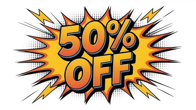 comic-style logo with 50% OFF banner in vibrant colors , discount banner, poster, sale template, created with generative ai