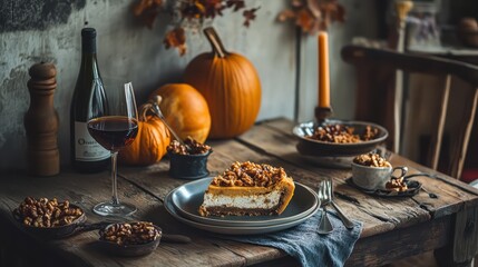 Rustic Autumn Table Setting with Pumpkin Dessert and Wine