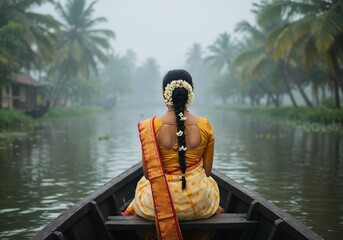 Onam photo of a woman in a traditional yellow saree and jasmine flowers in her hair sits in a boat on a misty backwater canal in kerala, india, surrounded by palm trees