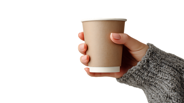 Hand holding a brown paper coffee cup isolated on transparent background