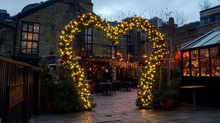 Fototapeta premium Romantic Heart Arch with Holiday Lights in a Cozy Outdoor Setting