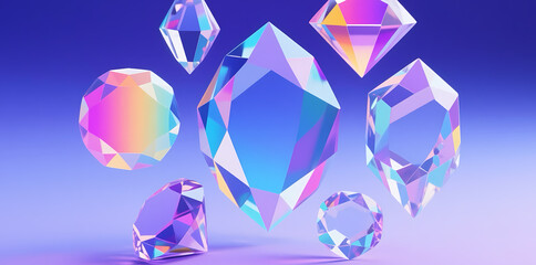 Iridescent gemstones floating against a gradient blue background